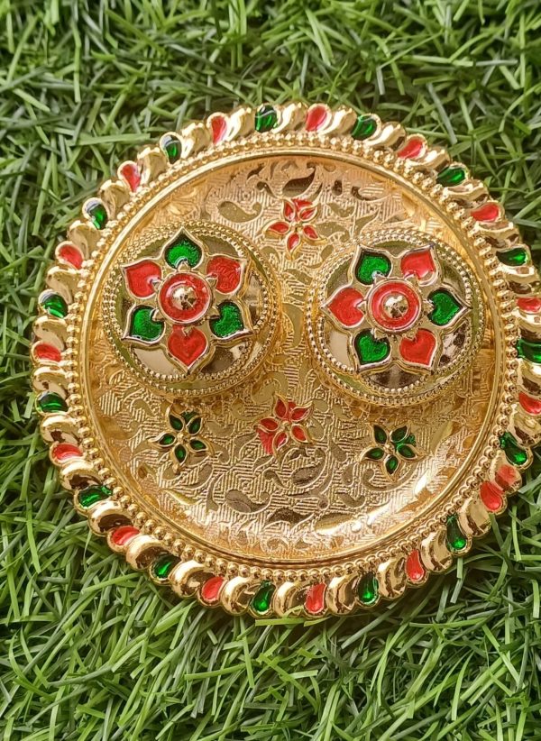 Minakari Decorative Thali with Kankavati for Wedding, Gifting, Home Decor, Festivals, Puja, Aarti - Round