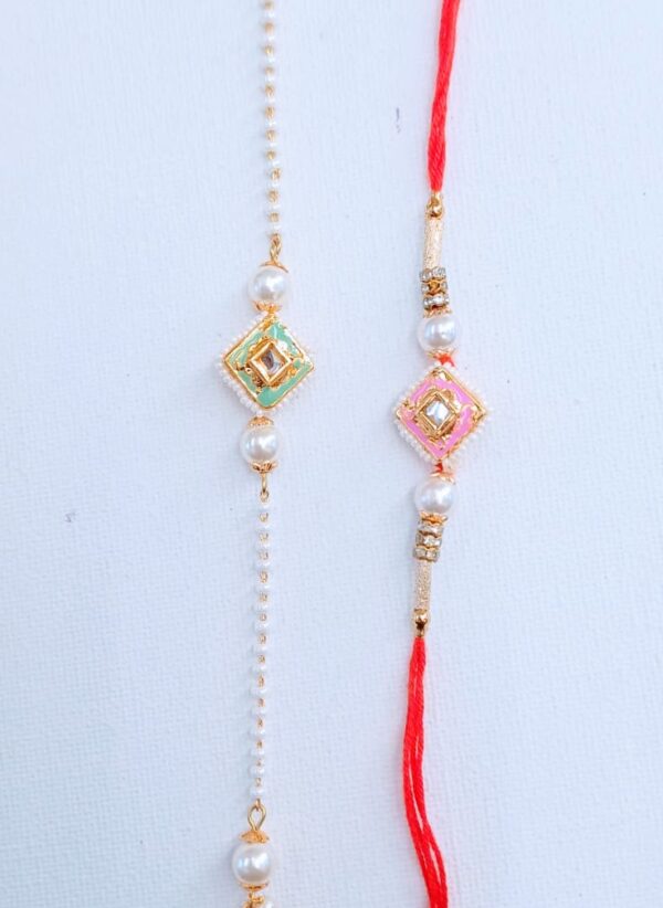 Minakari Decorative Pearls and Diamond Shaped Couple Rakhi Set, Rakshabandhan Gift for Bhaiya-Bhabhi, Bracelet