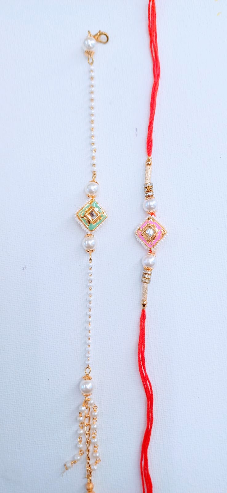 Minakari Decorative Pearls and Diamond Shaped Couple Rakhi Set, Rakshabandhan Gift for Bhaiya-Bhabhi, Bracelet
