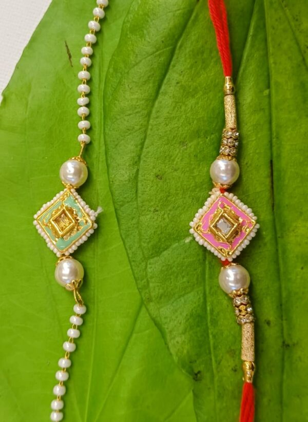 Minakari Decorative Pearls and Diamond Shaped Couple Rakhi Set, Rakshabandhan Gift for Bhaiya-Bhabhi, Bracelet - Image 3