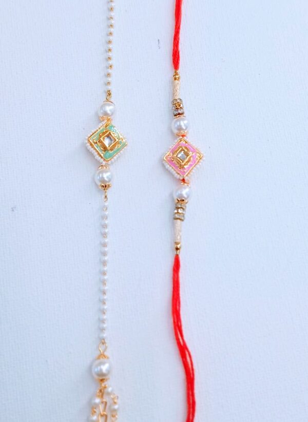 Minakari Decorative Pearls and Diamond Shaped Couple Rakhi Set, Rakshabandhan Gift for Bhaiya-Bhabhi, Bracelet - Image 2