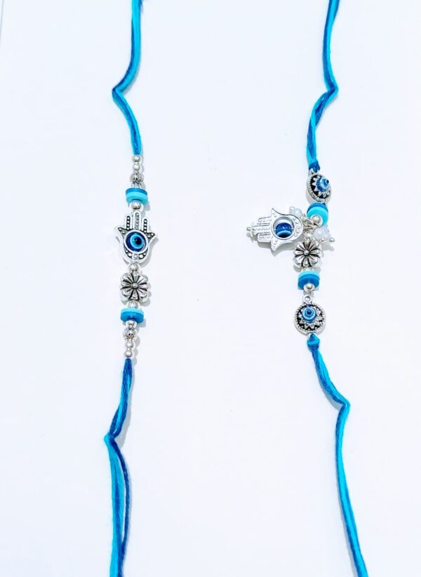 Couple Bhaiya-bhabhi Rakhi with Evil Eye and Floral Design, Hamsa Hand Bracelet in Blue