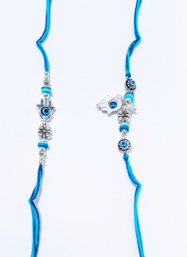 Couple Bhaiya-bhabhi Rakhi with Evil Eye and Floral Design, Hamsa Hand Bracelet in Blue - Image 2