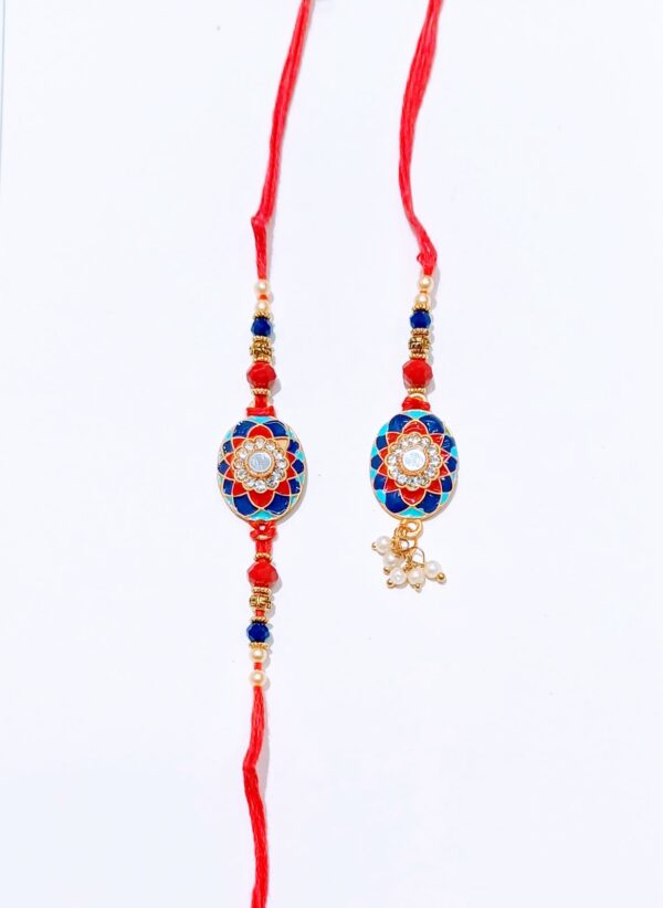 Charming Couple Rakhi Set, Blue-Red Unique Design, Bhaiya-Bhabhi, Unisex (Set of 2)
