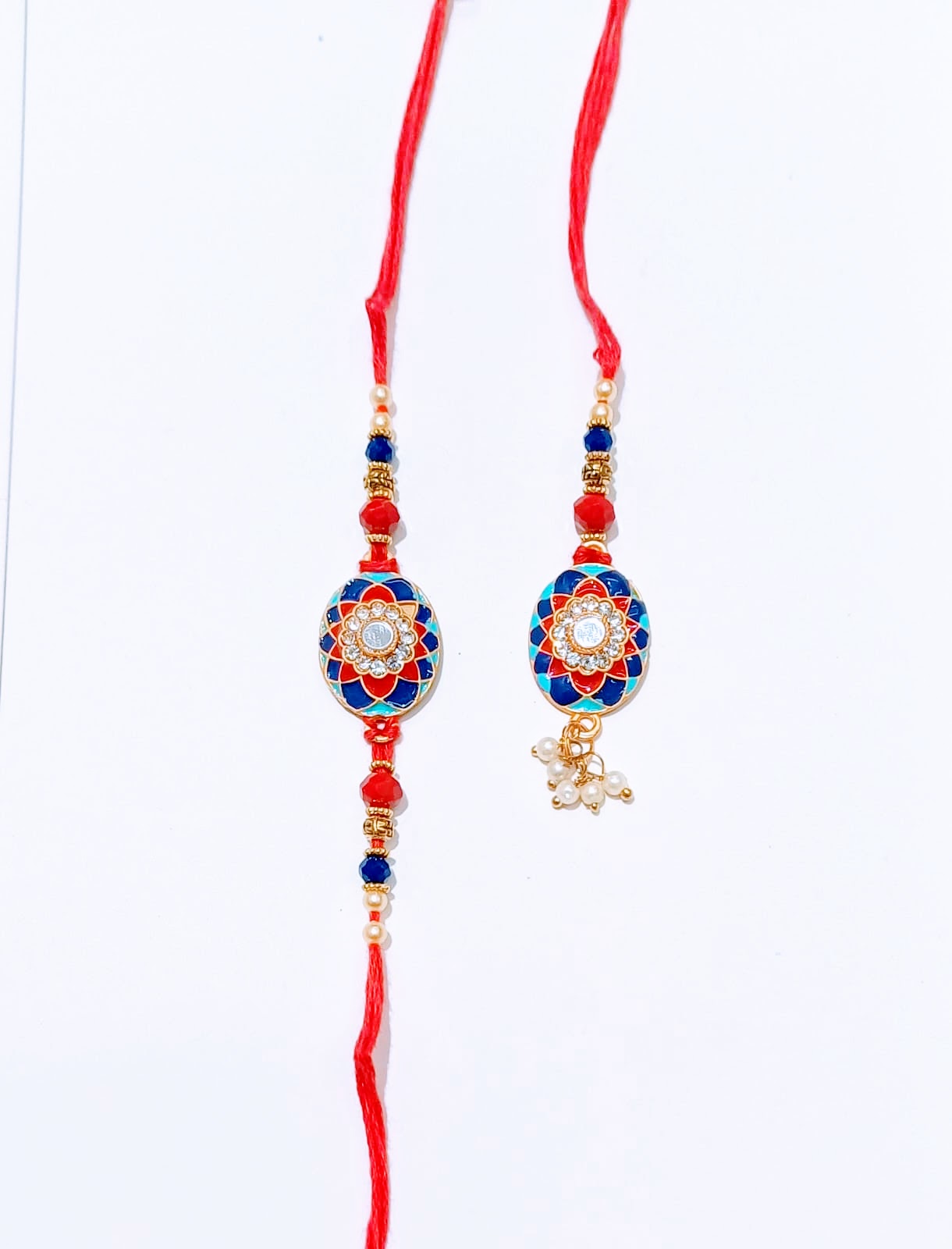 Charming Couple Rakhi Set, Blue-Red Unique Design, Bhaiya-Bhabhi, Unisex (Set of 2)