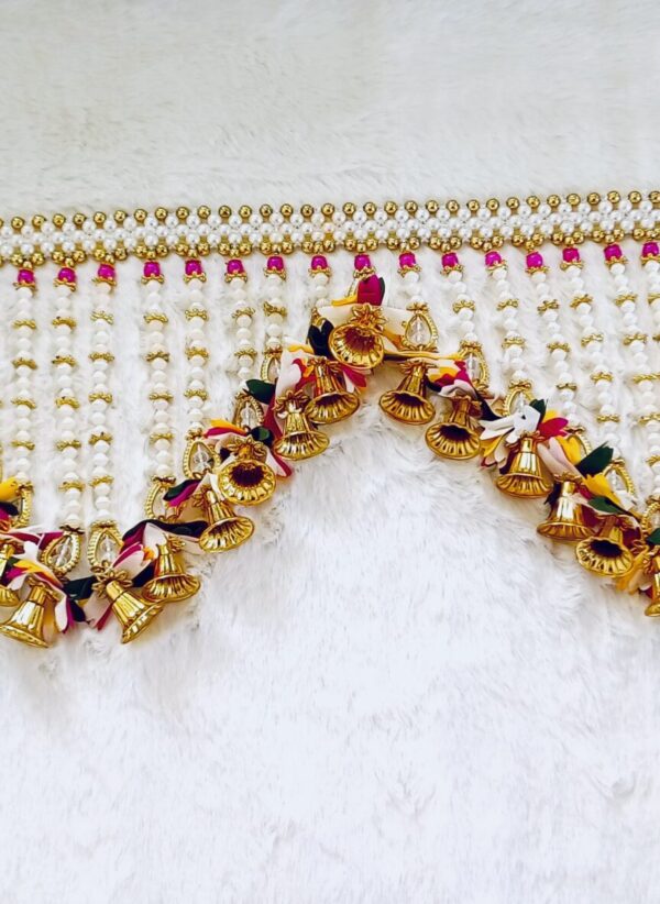 Toran - Pearls with bells and florals in Yellow, Green, Pink color. White & Gold - Image 4
