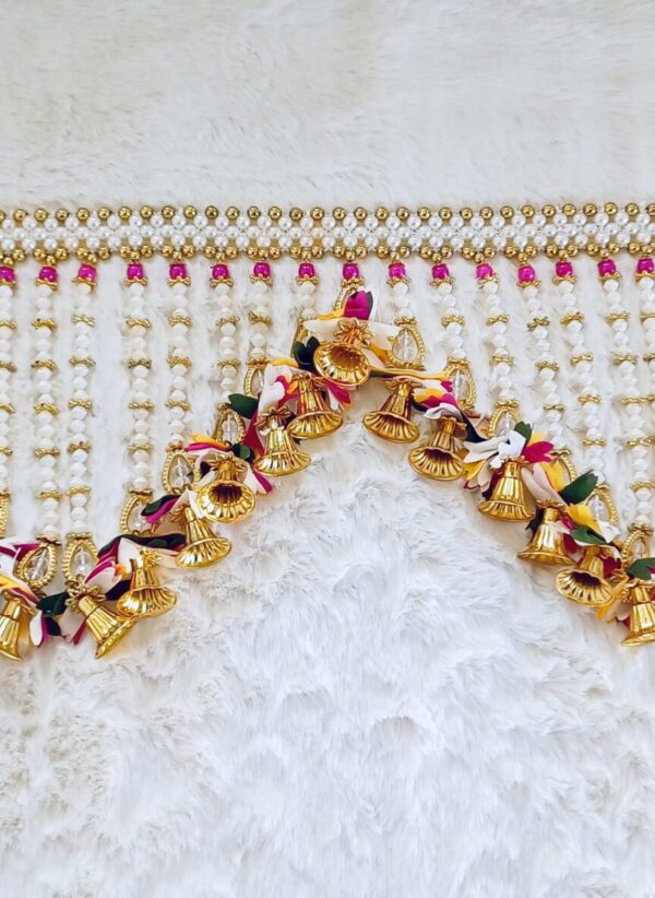Toran - Pearls with bells and florals in Yellow, Green, Pink color. White & Gold - Image 5