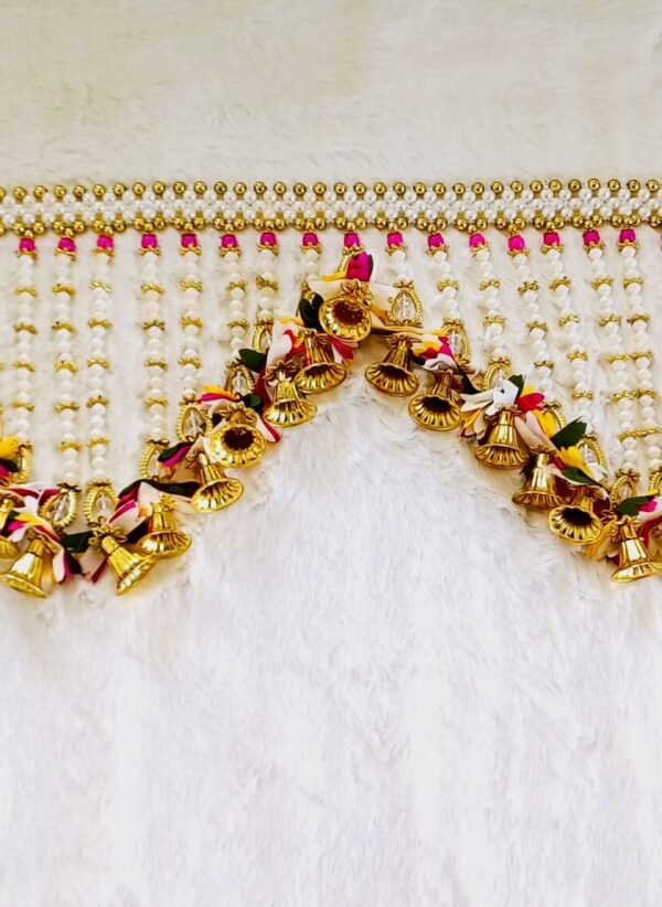 Toran - Pearls with bells and florals in Yellow, Green, Pink color. White & Gold - Image 3