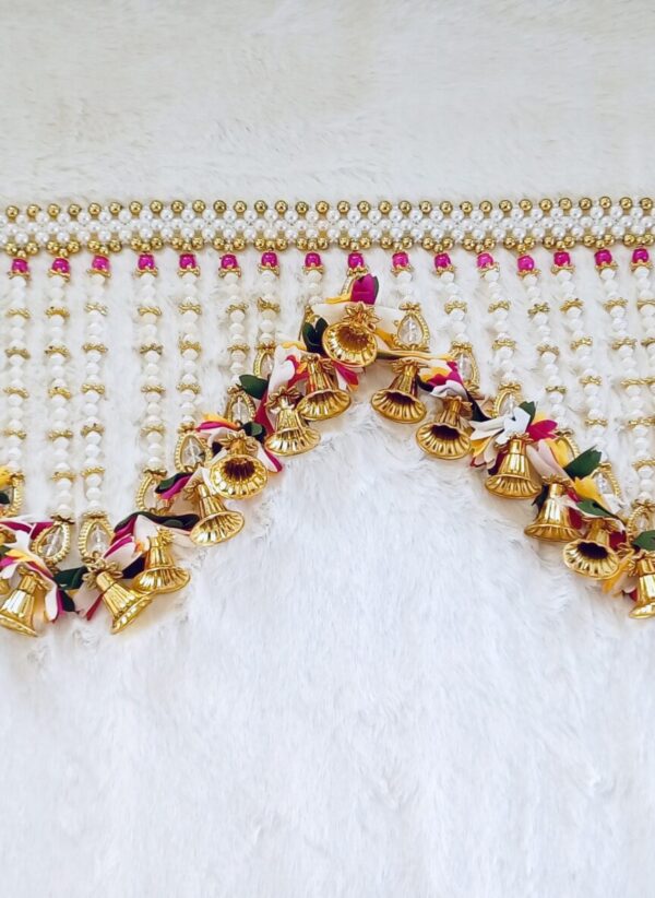 Toran - Pearls with bells and florals in Yellow, Green, Pink color. White & Gold