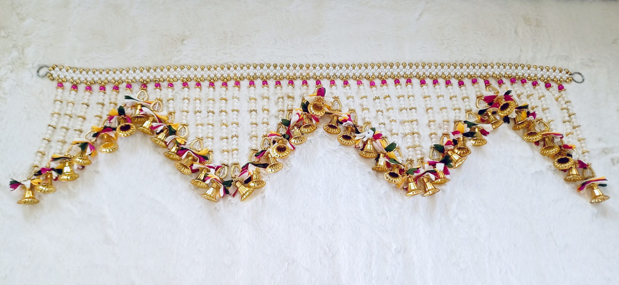 Toran - Pearls with bells and florals in Yellow, Green, Pink color. White & Gold