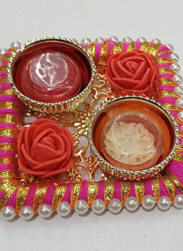 Decorative Thali with Kankavati and Rice for Wedding, Gifting, Home Decor, Festivals, Puja, Aarti - Pink & White