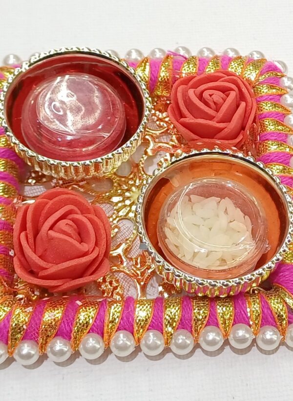 Decorative Thali with Kankavati and Rice for Wedding, Gifting, Home Decor, Festivals, Puja, Aarti - Pink & White - Image 3