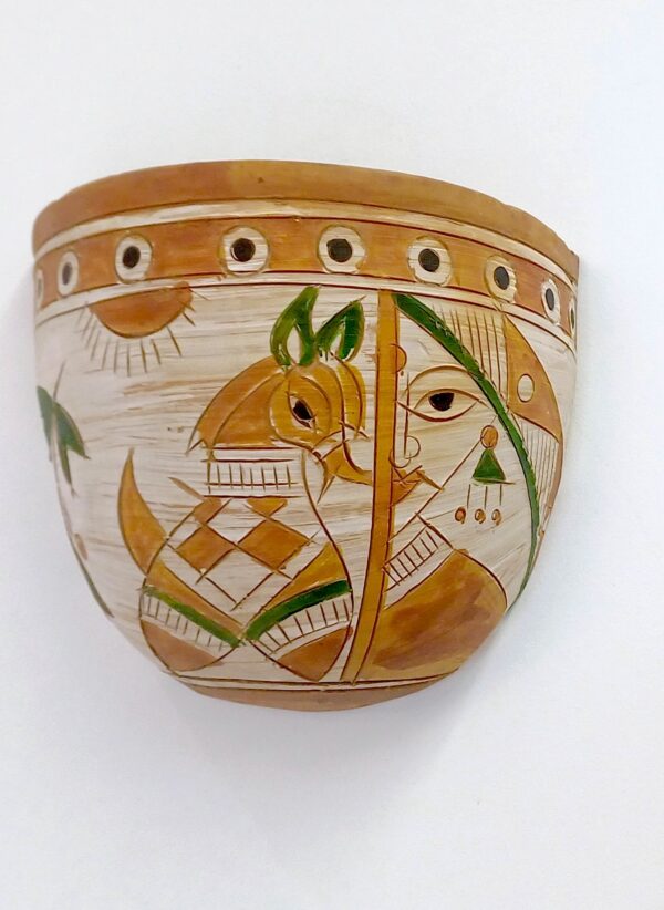 Handcrafted Terracotta Half-Moon Shape Wall Hanging Pot with Intricate Human and Bird Motif