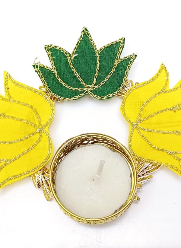 Decorative Diya with Lotus - Green and Yellow Color