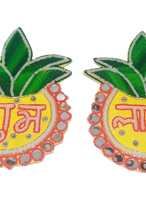 Shubh-Labh in Kumbh Shape in Yellow-Green color with mirror work and pearls