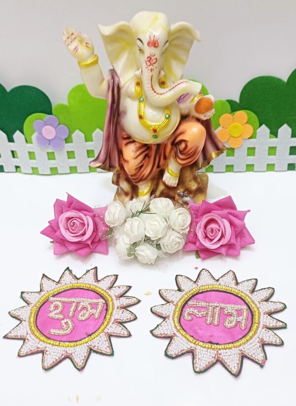 Shubh-Labh with Sun Shape in Pink and White color with white pearls - Image 3