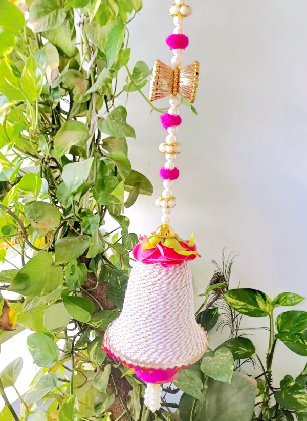 Decorative Bell with Pearls, Threads and Beads in White and Pink Color - Image 3