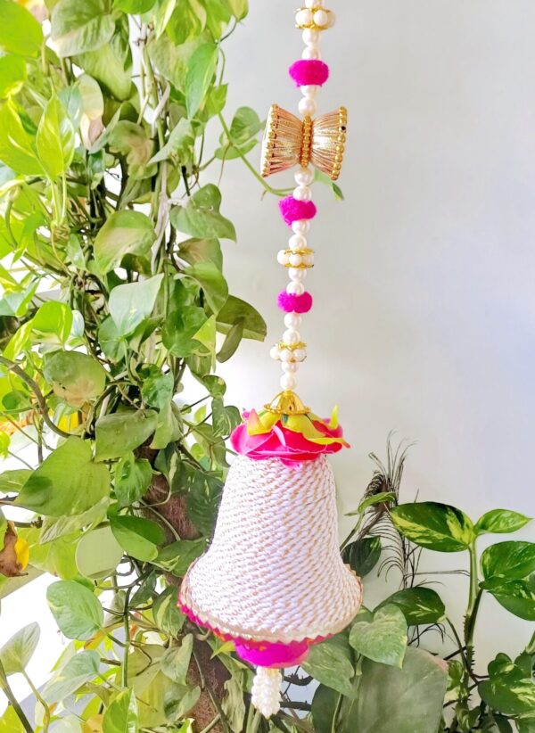Decorative Bell with Pearls, Threads and Beads in White and Pink Color - Image 3