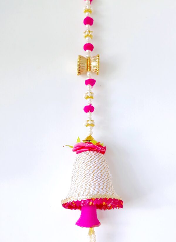 Decorative Bell with Pearls, Threads and Beads in White and Pink Color