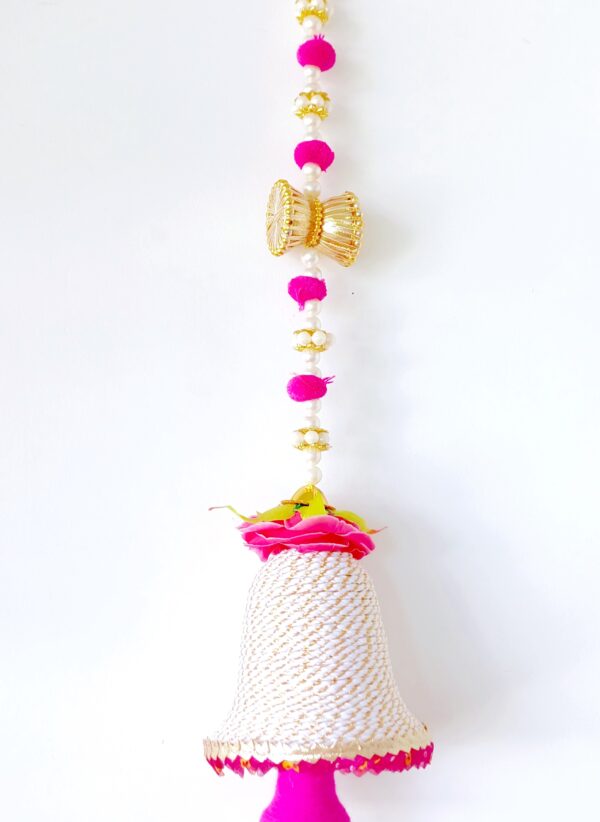 Decorative Bell with Pearls, Threads and Beads in White and Pink Color - Image 2