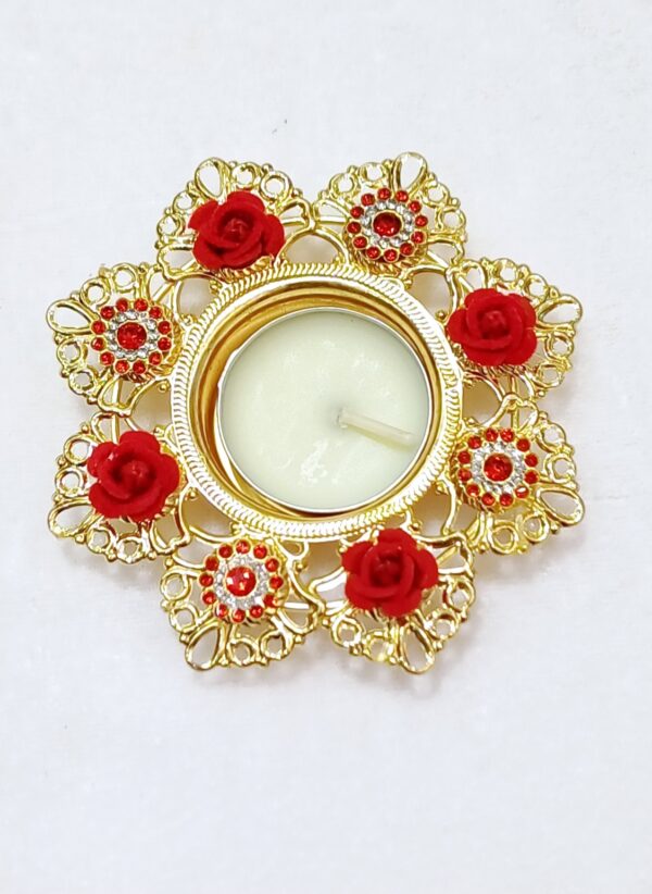 Acrylic Designer Decorative Diya with Red Flowers and Diamond Accents #MakeinINDIA - Image 2