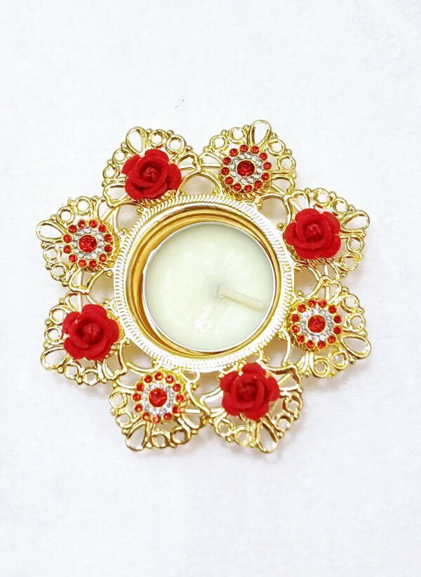 Acrylic Designer Decorative Diya with Red Flowers and Diamond Accents #MakeinINDIA - Image 4