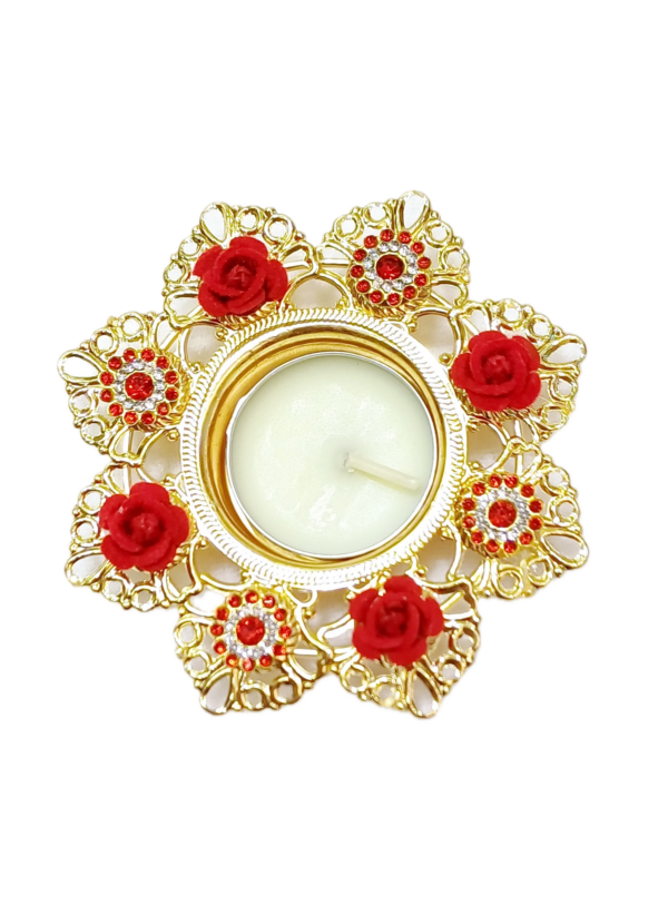 Acrylic Designer Decorative Diya with Red Flowers and Diamond Accents #MakeinINDIA