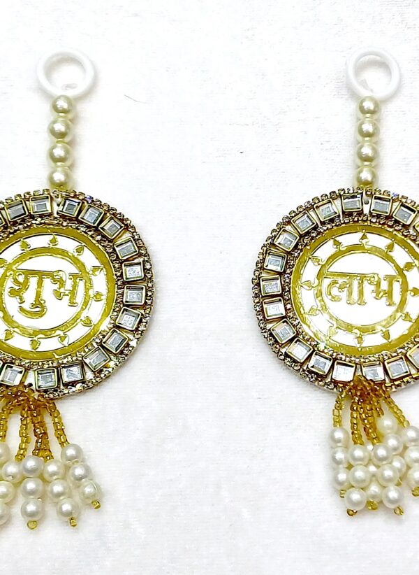 Hanging Shubh-Labh Decoration with Pearls and Mirrors, Gold and White