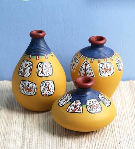 Handcrafted Terracotta Vases with Mandala Dance Design, Yellow and Blue, Set of 3