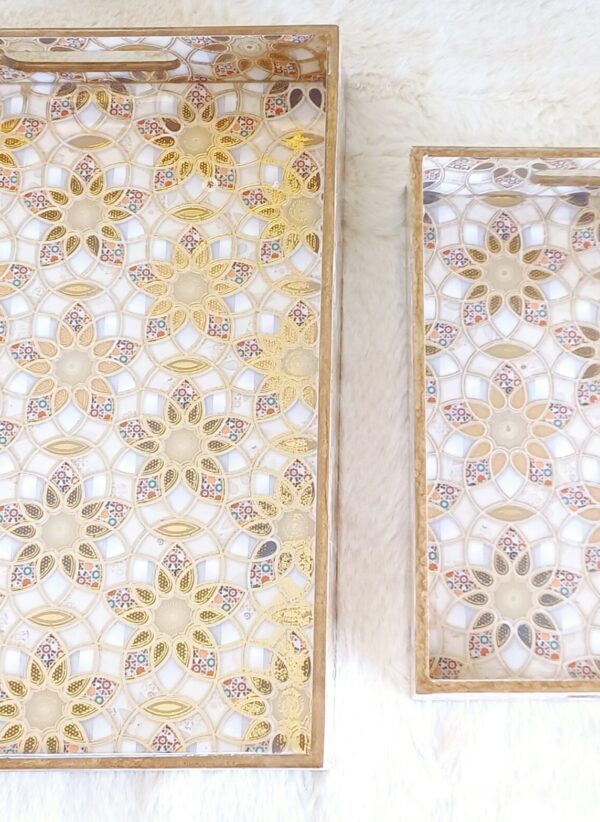 Wooden Rectangle Kitchen Serving Tray - Flower design with White and Golden Color - Set of 2 - Image 4
