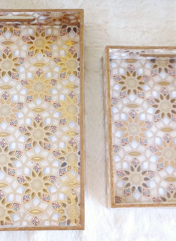 Wooden Rectangle Kitchen Serving Tray - Flower design with White and Golden Color - Set of 2 - Image 6