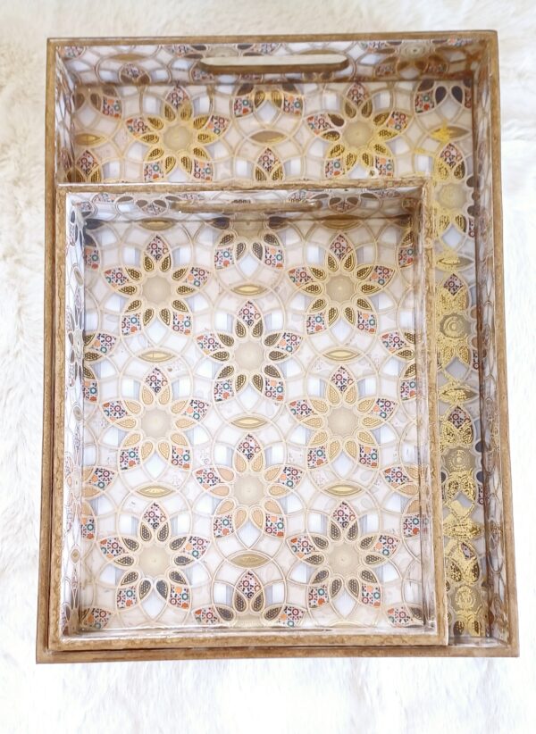 Wooden Rectangle Kitchen Serving Tray - Flower design with White and Golden Color - Set of 2 - Image 3
