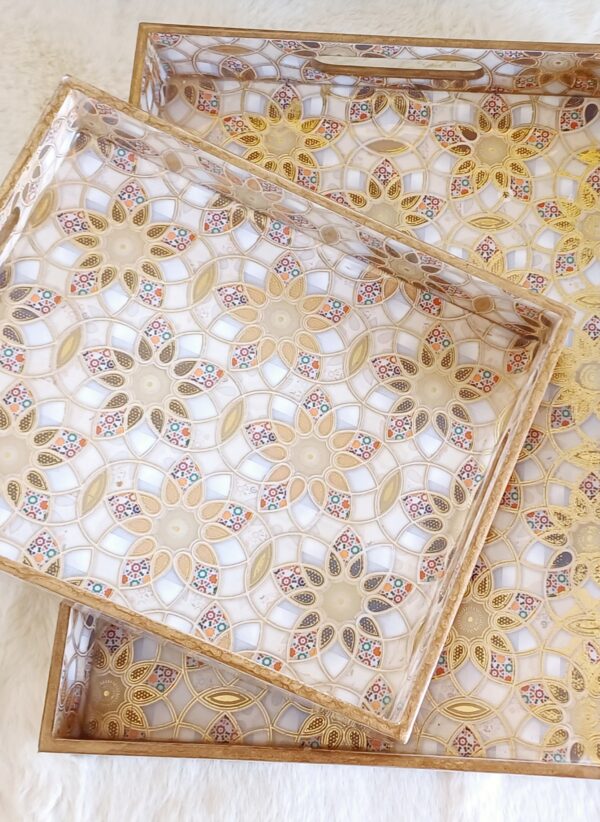 Wooden Rectangle Kitchen Serving Tray - Flower design with White and Golden Color - Set of 2