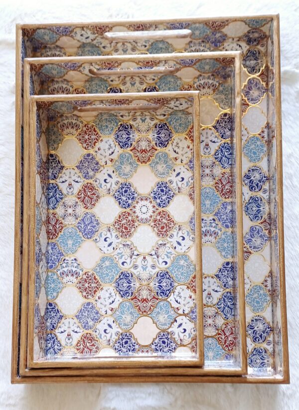 Wooden Rectangle Kitchen Serving Tray - Colorful window film design with Brown, Light Blue and Navy Blue Color - Set of 3 - Image 7