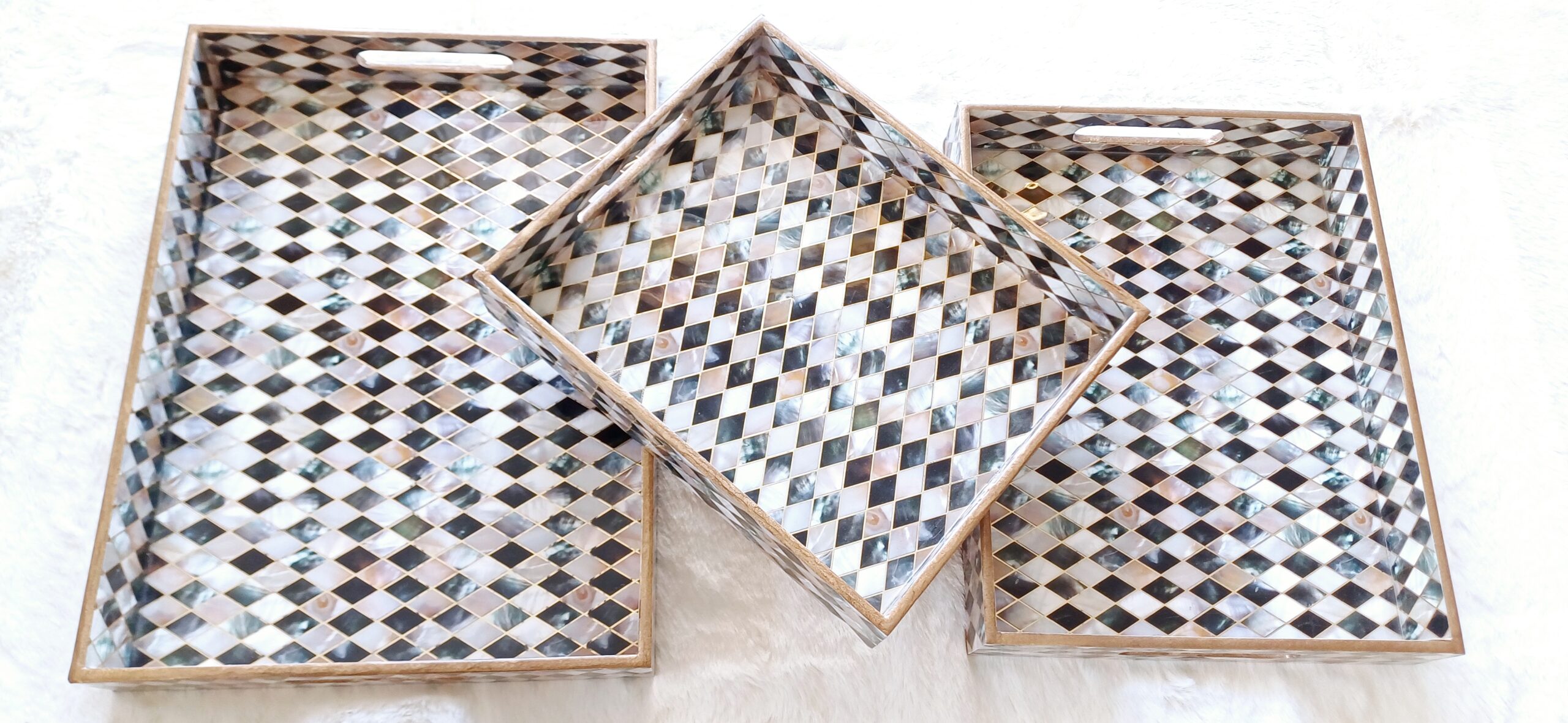 Wooden Rectangle Kitchen Serving Tray - Traingle shapes with White, Grey and Black Color - Set of 3