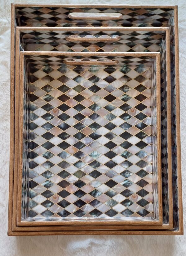 Wooden Rectangle Kitchen Serving Tray - Traingle shapes with White, Grey and Black Color - Set of 3 - Image 2
