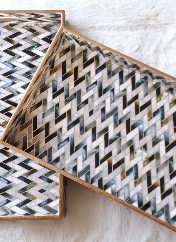 Wooden Rectangle Kitchen Serving Tray - Pyramid shapes with White, Grey and Black Color - Set of 3