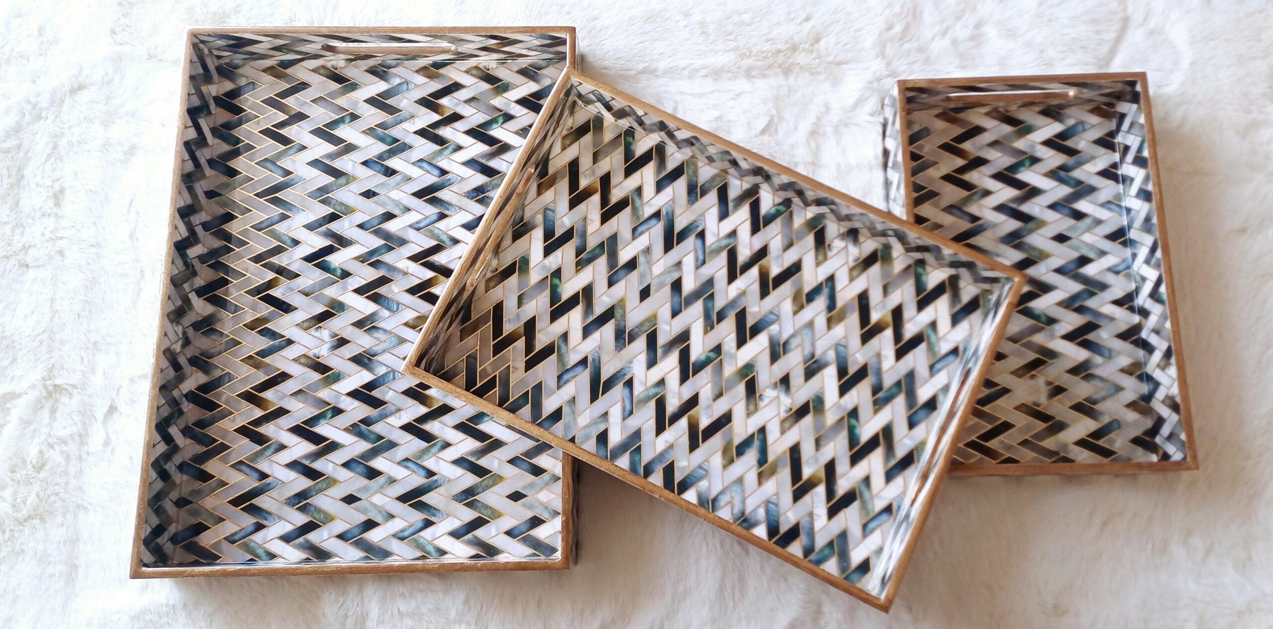 Wooden Rectangle Kitchen Serving Tray - Pyramid shapes with White, Grey and Black Color - Set of 3