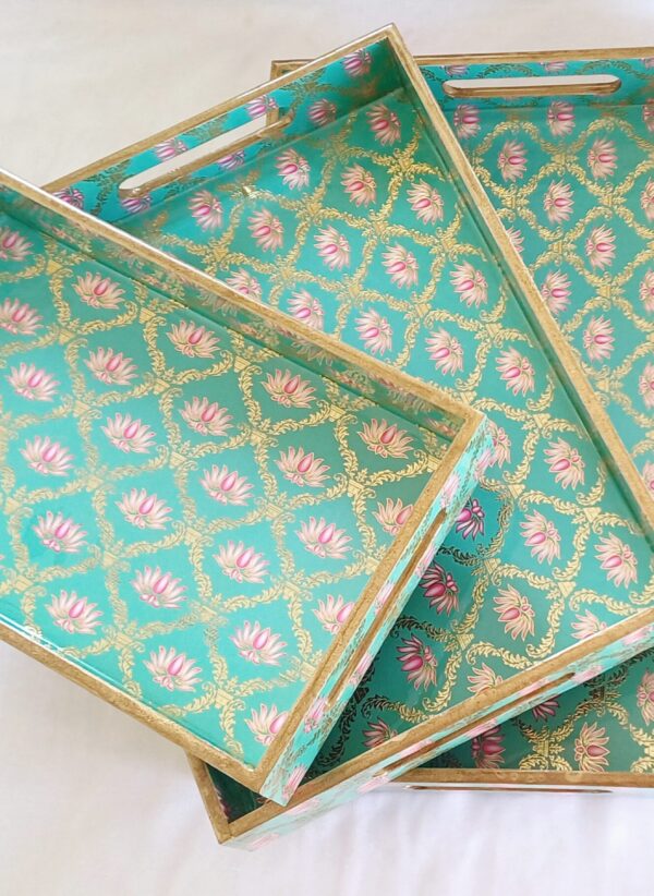 Decorative Wooden Serving Trays, Lotus Pattern - Set of 3 - Image 3