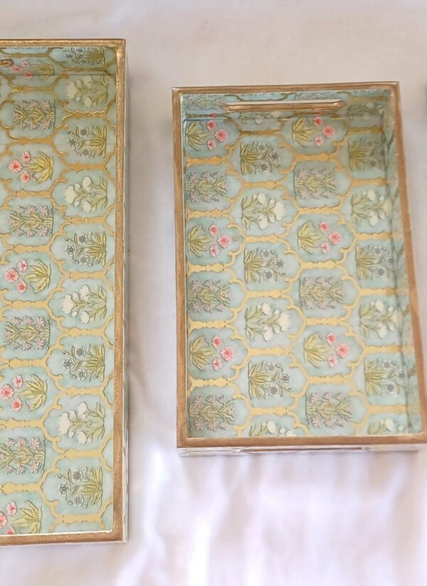Wooden Rectangle Kitchen Serving Tray - Flower design with Light Green, Golden and Pink Color - Set of 3 - Image 6