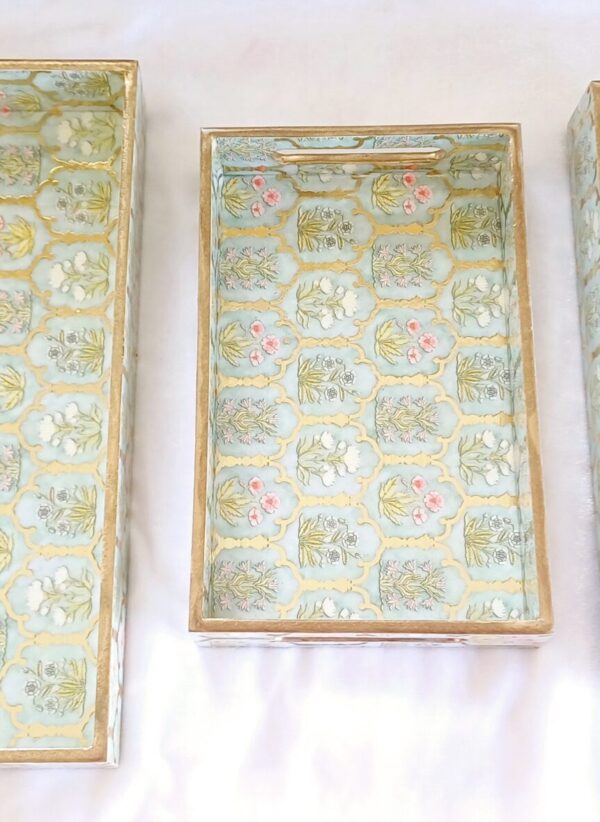 Wooden Rectangle Kitchen Serving Tray - Flower design with Light Green, Golden and Pink Color - Set of 3 - Image 4