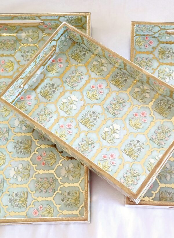 Wooden Rectangle Kitchen Serving Tray - Flower design with Light Green, Golden and Pink Color - Set of 3