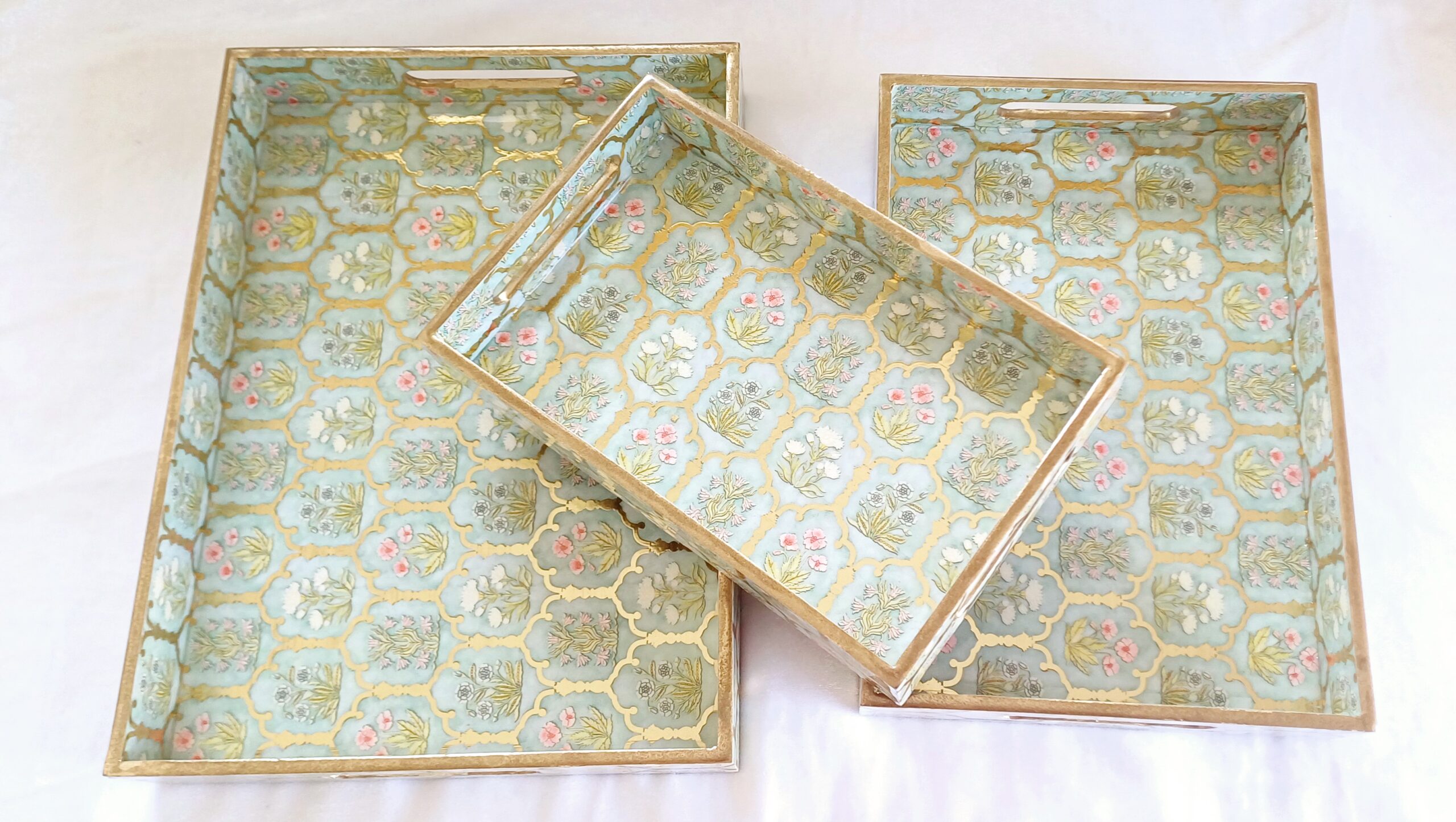 Wooden Rectangle Kitchen Serving Tray - Flower design with Light Green, Golden and Pink Color - Set of 3