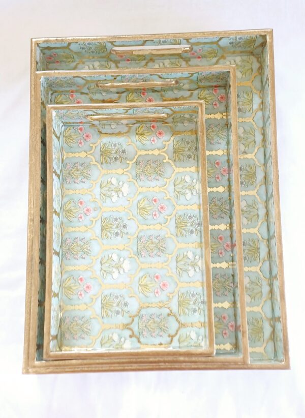Wooden Rectangle Kitchen Serving Tray - Flower design with Light Green, Golden and Pink Color - Set of 3 - Image 5