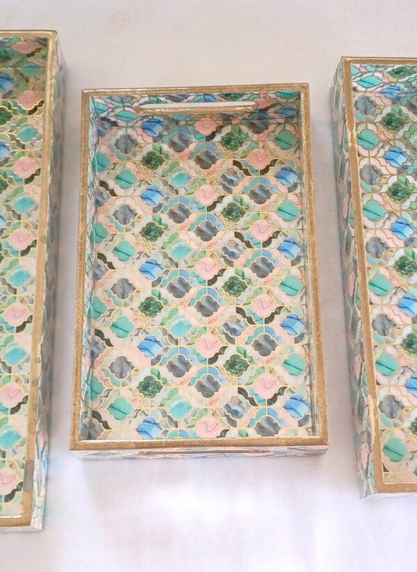 Wooden Rectangle Kitchen Serving Tray - Colorful window film design with Green, Blue and Pink Color - Set of 3 - Image 4