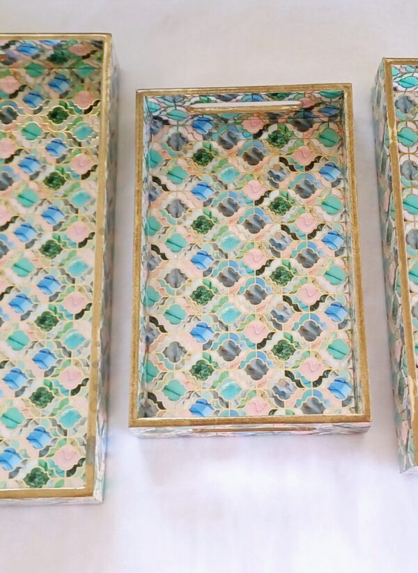 Wooden Rectangle Kitchen Serving Tray - Colorful window film design with Green, Blue and Pink Color - Set of 3 - Image 7