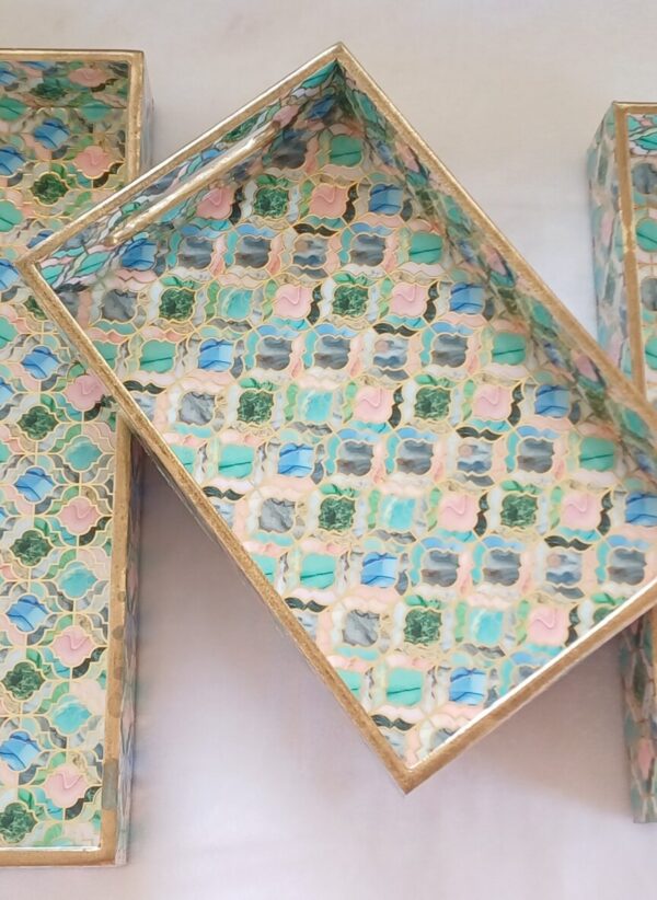 Wooden Rectangle Kitchen Serving Tray - Colorful window film design with Green, Blue and Pink Color - Set of 3 - Image 3