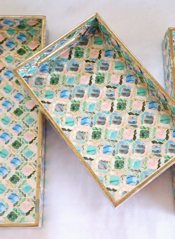 Wooden Rectangle Kitchen Serving Tray - Colorful window film design with Green, Blue and Pink Color - Set of 3