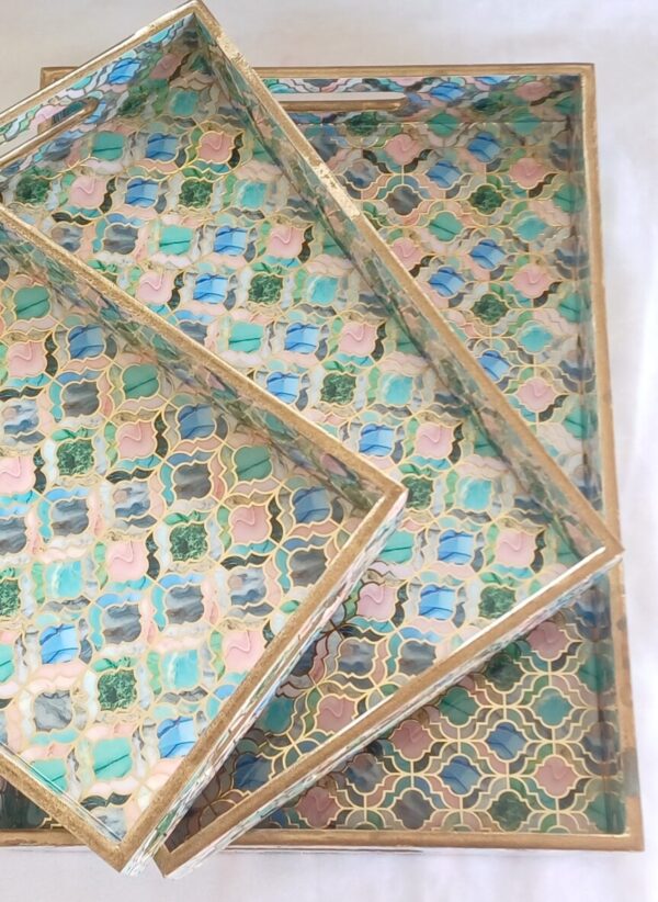 Wooden Rectangle Kitchen Serving Tray - Colorful window film design with Green, Blue and Pink Color - Set of 3 - Image 2