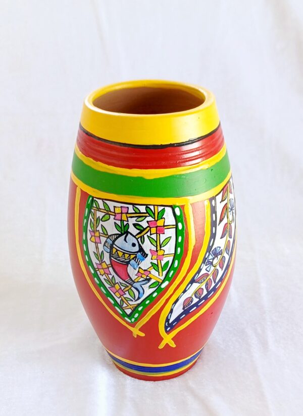 Handcrafted Terracotta Vase with Mandala Fish Art, Red and Yellow, 20 cm